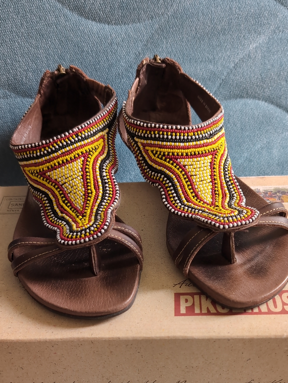PIKOLINOS Brown Sandals with Yellow, Red & Black Beading